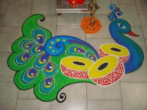 A colored rice Kolam depicted a peacock.